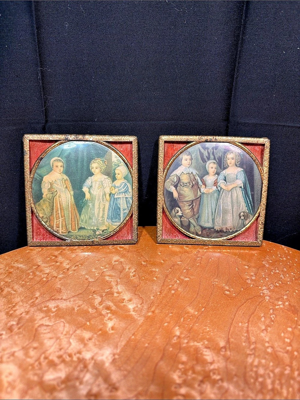 Vintage Set of 2 Miniature Framed Portrait Prints Van Dyck Style Gold Trim